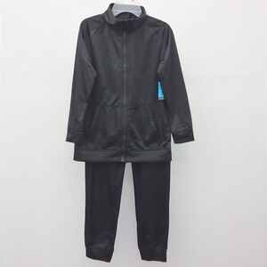 Boys Black Tricot Jogger Set - Zip Jacket & Track Pants (2 PC Set), Size 14/16